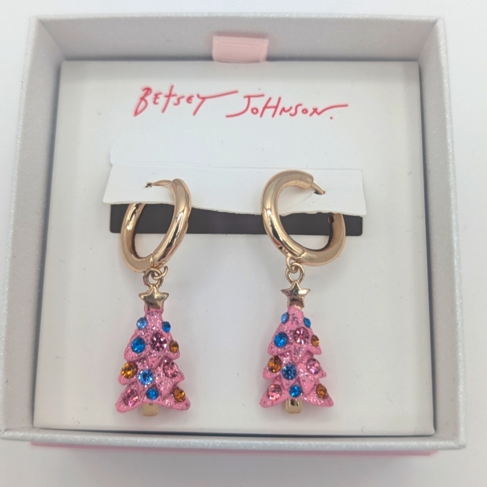 🎉Betsey Johnson Earrings Pink Goldtone Christmas Tree